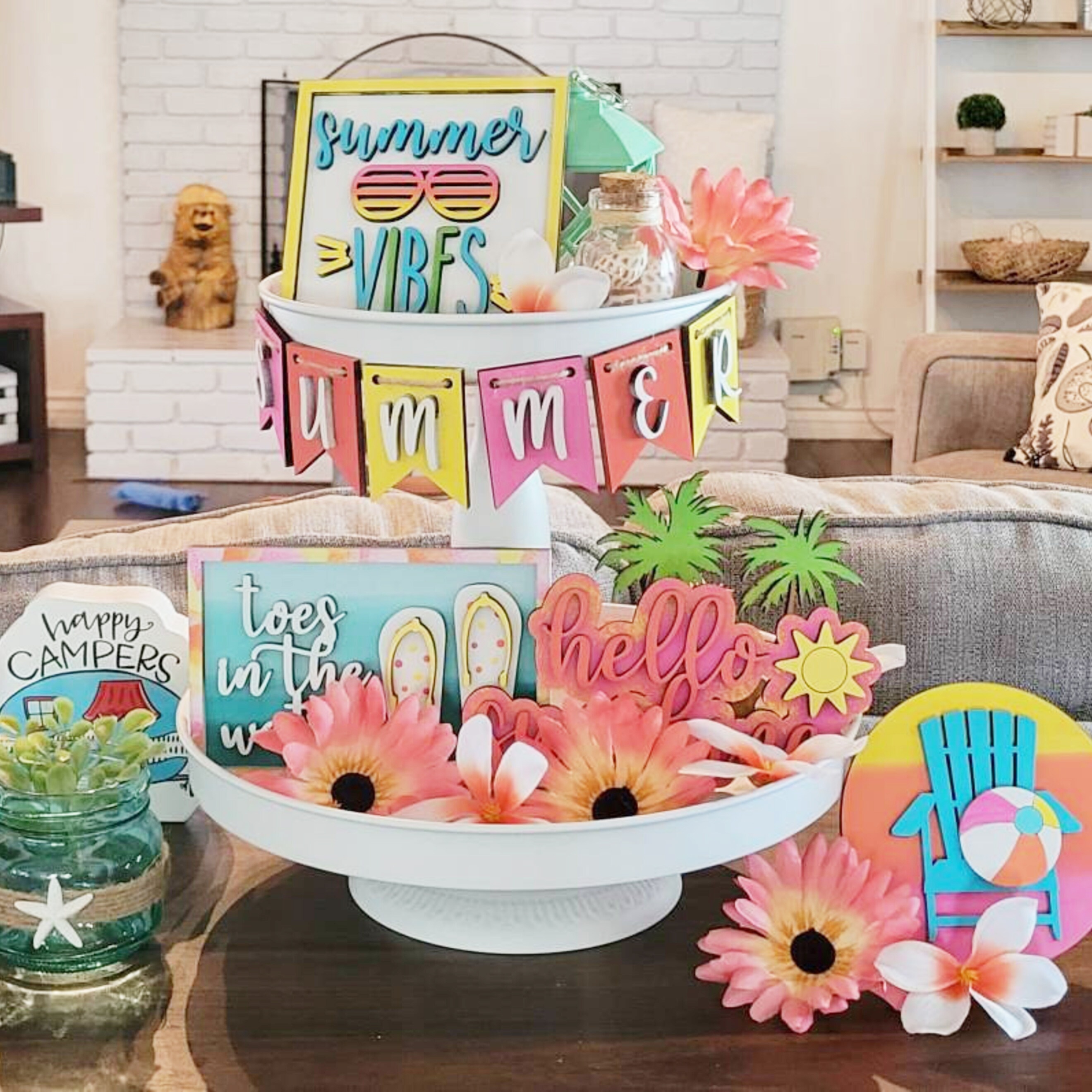 vibrant summer tiered tray set classic wooden decor colorful