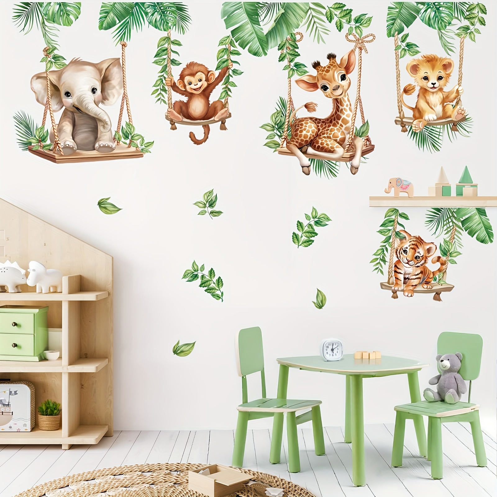 Itechjoy Cartoon Jungle Animal Wall Stickers Featuring A Lion, Elephant, Giraffe, And Tropical Leaves, Perfect For Decorating Bedrooms And Living Rooms