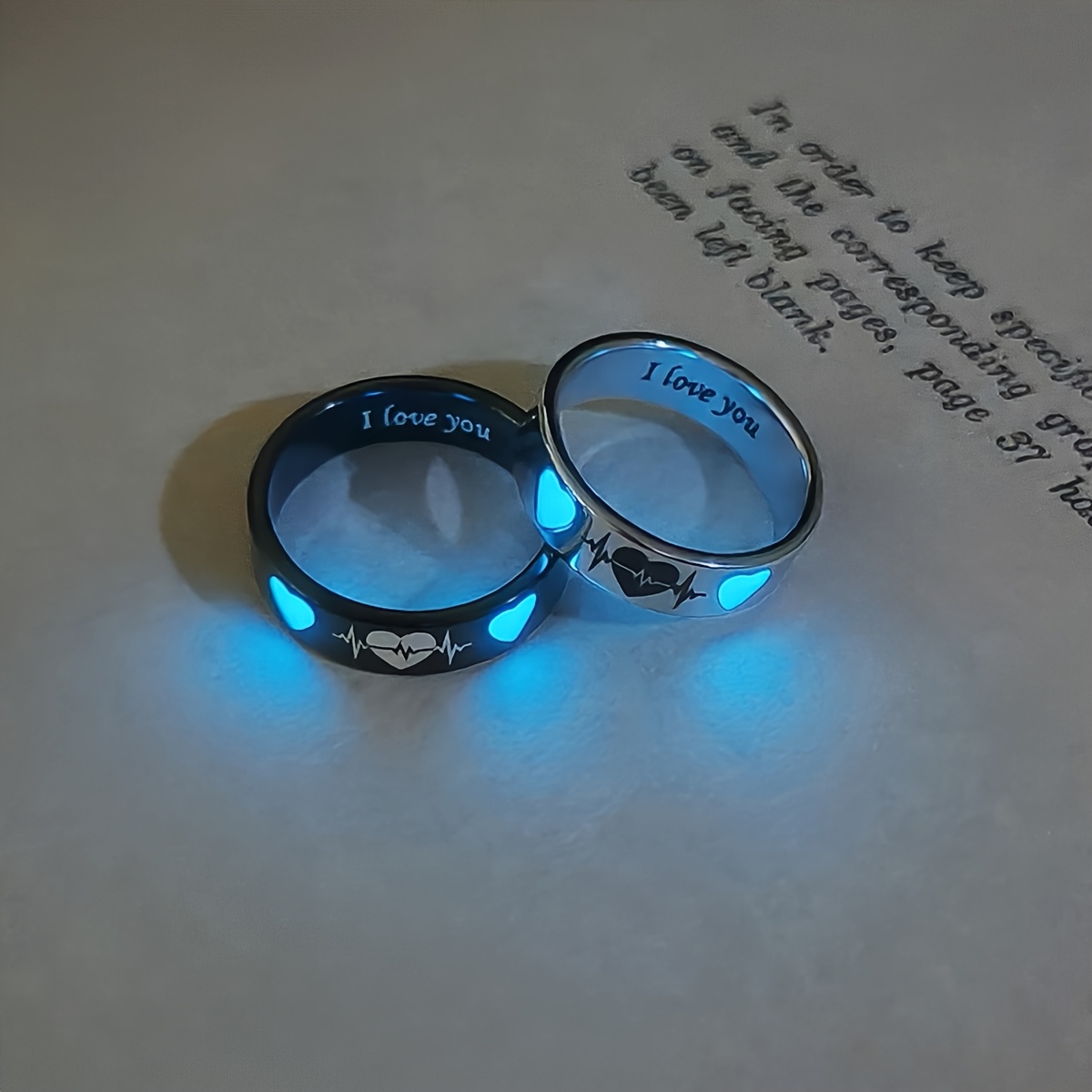 Image of 2pcs/set Luminous -shaped Heart-beating "i Love You" Pattern Couple Rings For Ladies, Fashionable Valentine's Day Gift Jewelry