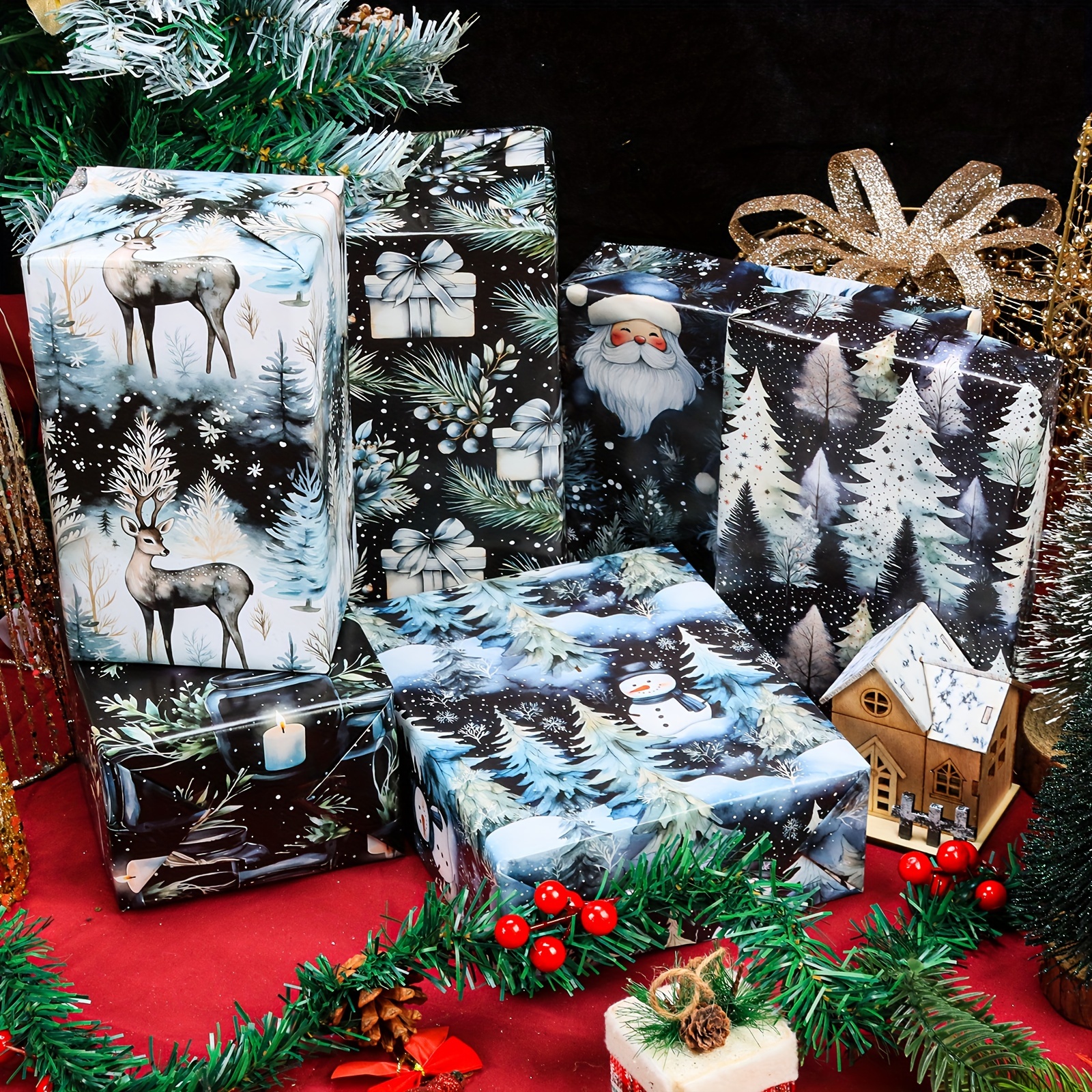 

6pcs, 20 X 28 Inches Black Christmas Wrapping Paper Watercolor Style Gift Wrapping Paper Bulk Santa Snowman Christmas Trees And Reindeer Designs Folded Flat For