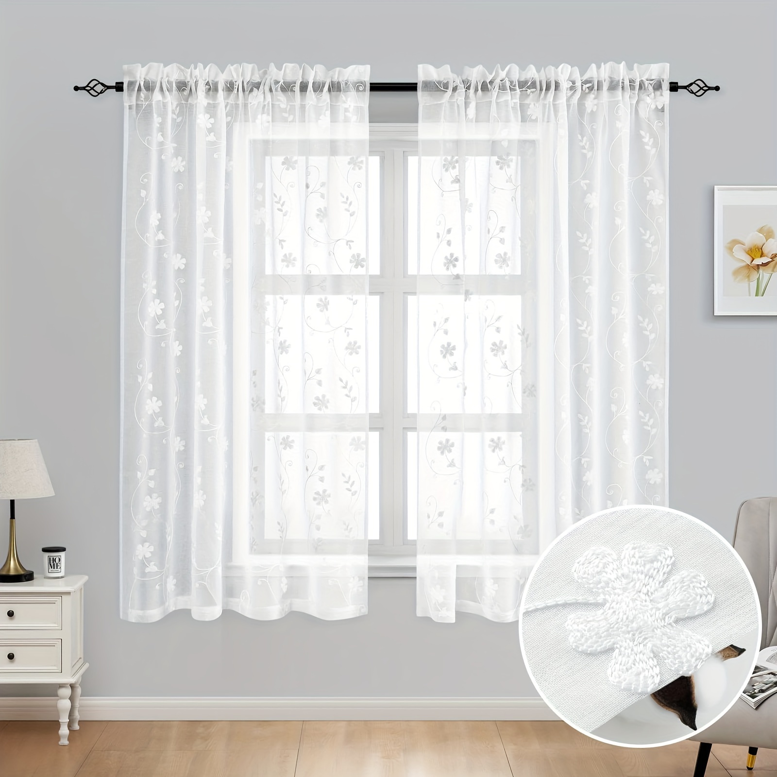 Image of 2 Panels Embroidered Sheer Curtains For Window, Flower Sheer Pattern Curtains Semi Sheer Curtains For Bedroom Living Room
