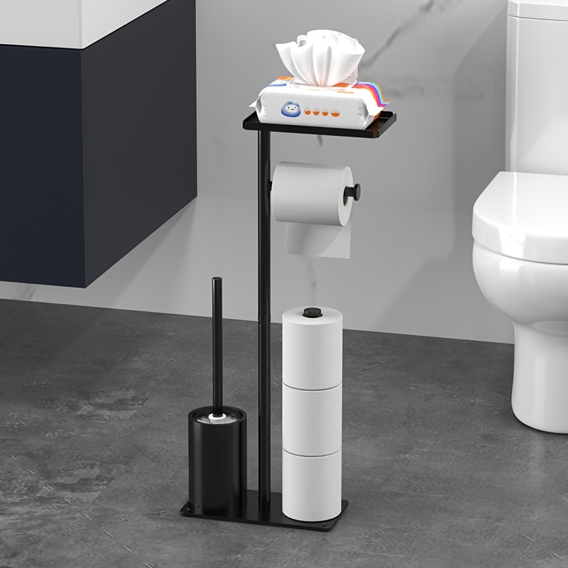 TEMU Porte-papier toilette autoportant 1 pièce avec brosse de toilettes et étagère de rangement, distributeur de papier toilette vertical pour salle