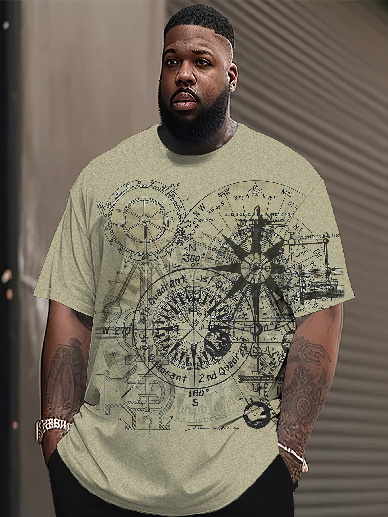 HXMRBY Men's 3D Compass & Nautical Graphic T-Shirt - Light Green Casual Short Sleeve Tee with Digital Print, Breathable Summer Outdoor Shirt, Machine Washable Regular Fit, Sea T Shirt, Everyday Fashion, Modern Design, Durable Material, Printed Top, Urban Style, PLUS SIZE