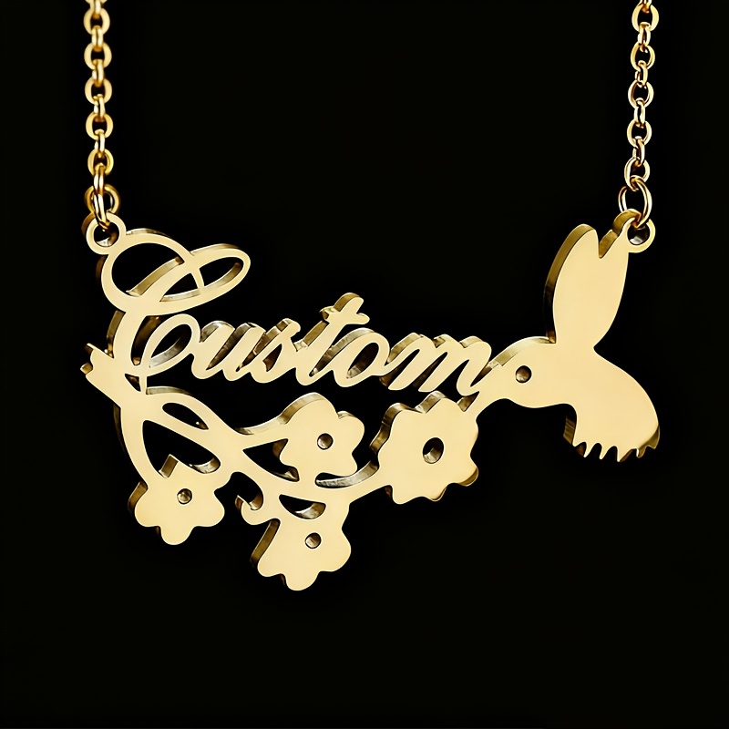 TEMU Elegant Personalized Custom Name 304 Stainless Steel Hummingbird Pendant Necklace, Girlfriend Celebrity Actor Name Customization, Suitable For