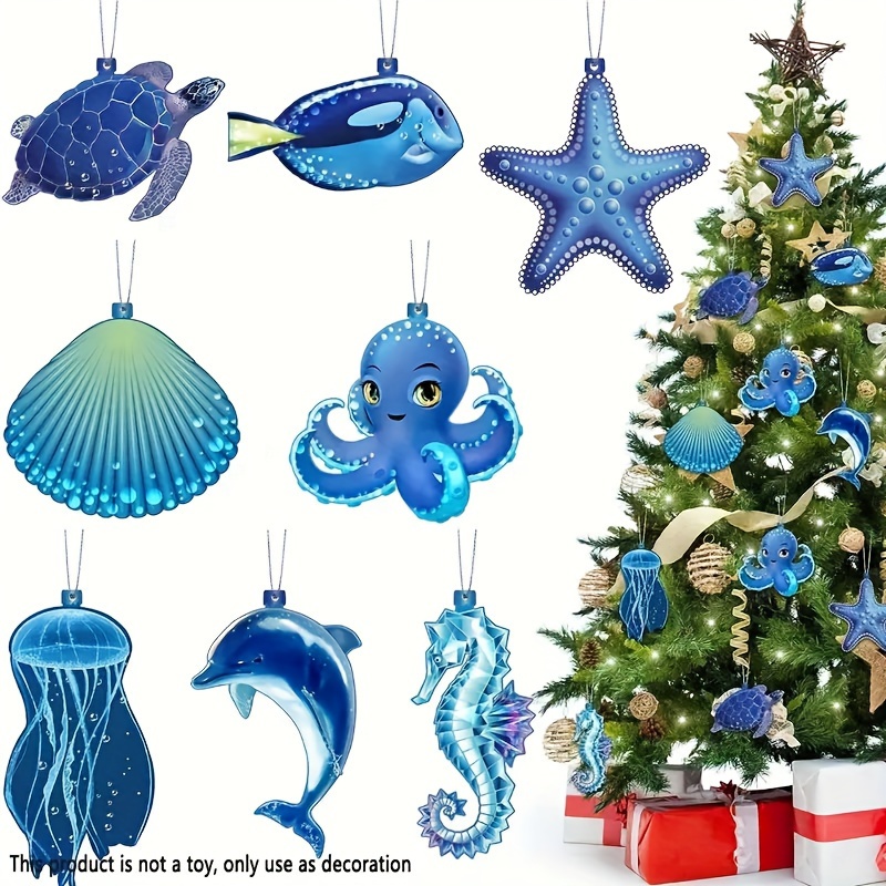 

24-piece Blue Ocean Themed Wooden Hanging Ornament Set - Christmas & Halloween Decorations With Octopus, Starfish, Seahorse, Seashells - No Electricity Needed Decor For Home & Parties