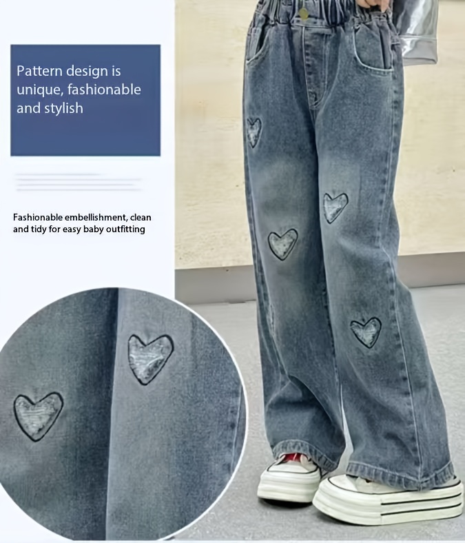 girls' fashion heart embroidery denim jeans cotton blend Temu