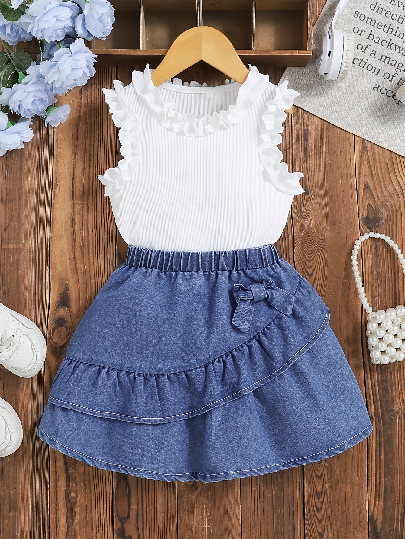 girls 2pcs summer ruffle top denim skirt set light blue Temu Oman