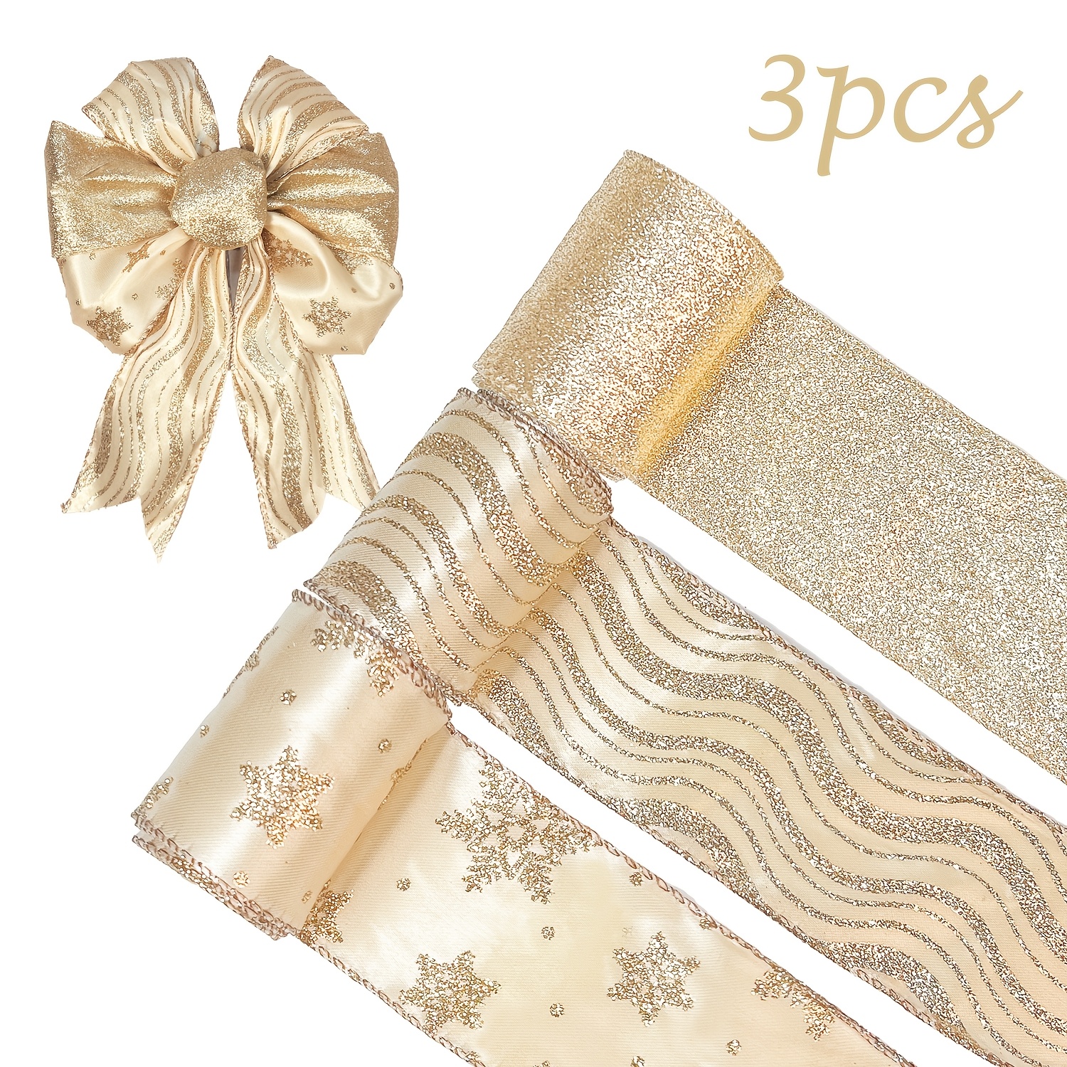 TEMU 3 Rouleaux de Ruban à Bordure et de Neige à Paillettes Dorées - Bande Étroite d'Hiver et de Noël pour Bricolage, Emballage Cadeaux, Nœuds,