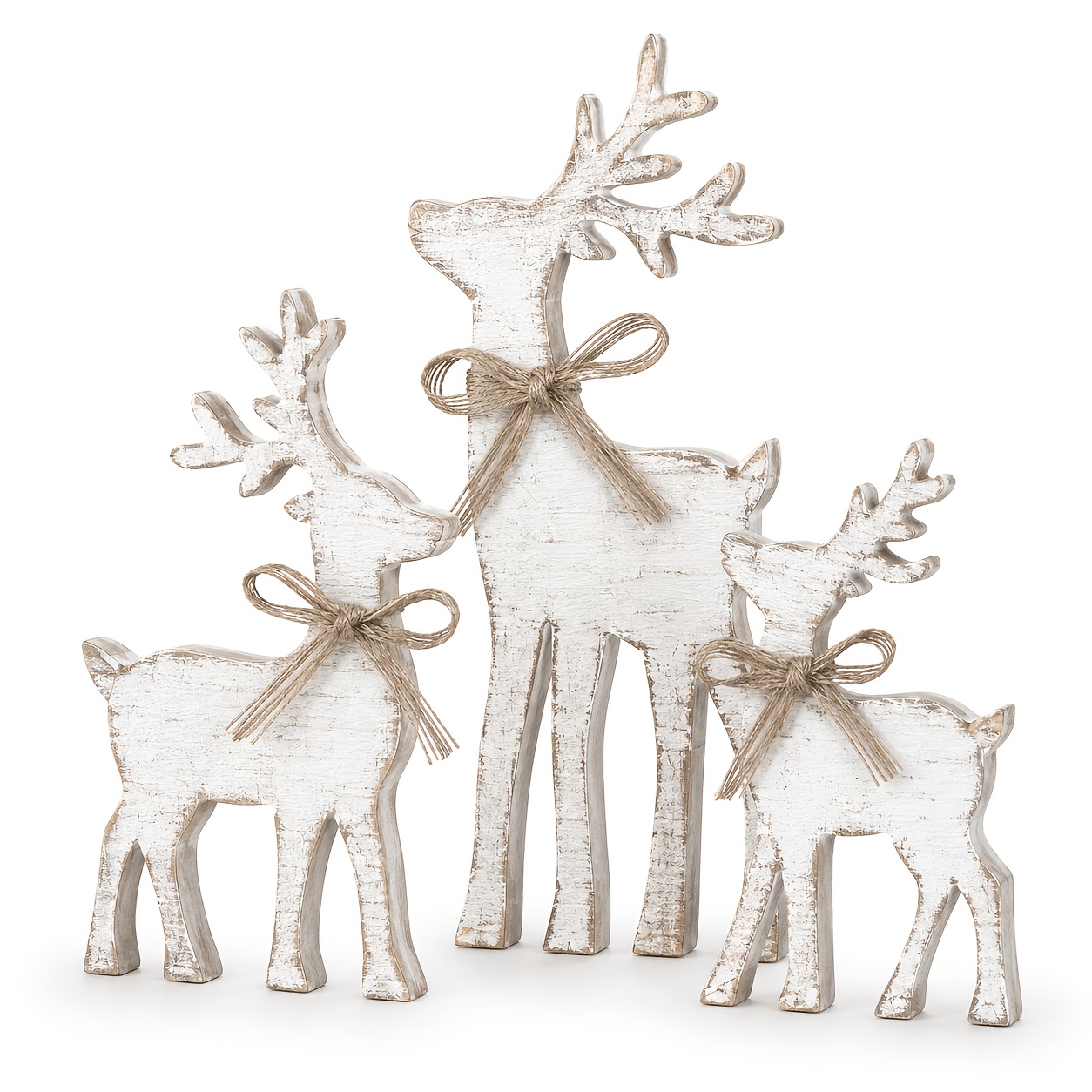 Image of Christmas Tiered Tray Decor, Distressed White Wooden Reindeer Set With Burlap Bows, Rustic Winter Tabletop Centerpiece For Coffee Bar, Mantel, Entryway, Etc., Decor Gift