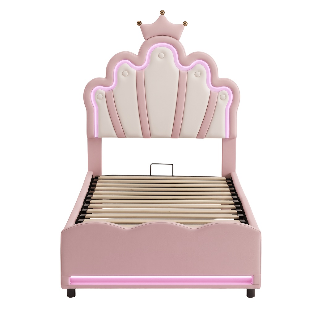 Image of 90x200cm Single Bed Frame, Pu Upholstered Crown Headboard Platform Bed With Rgb Led Light, App & Remote Control, Hydraulic Lift Under Bed Storage, Pink Upholstered Bed For Bedroom