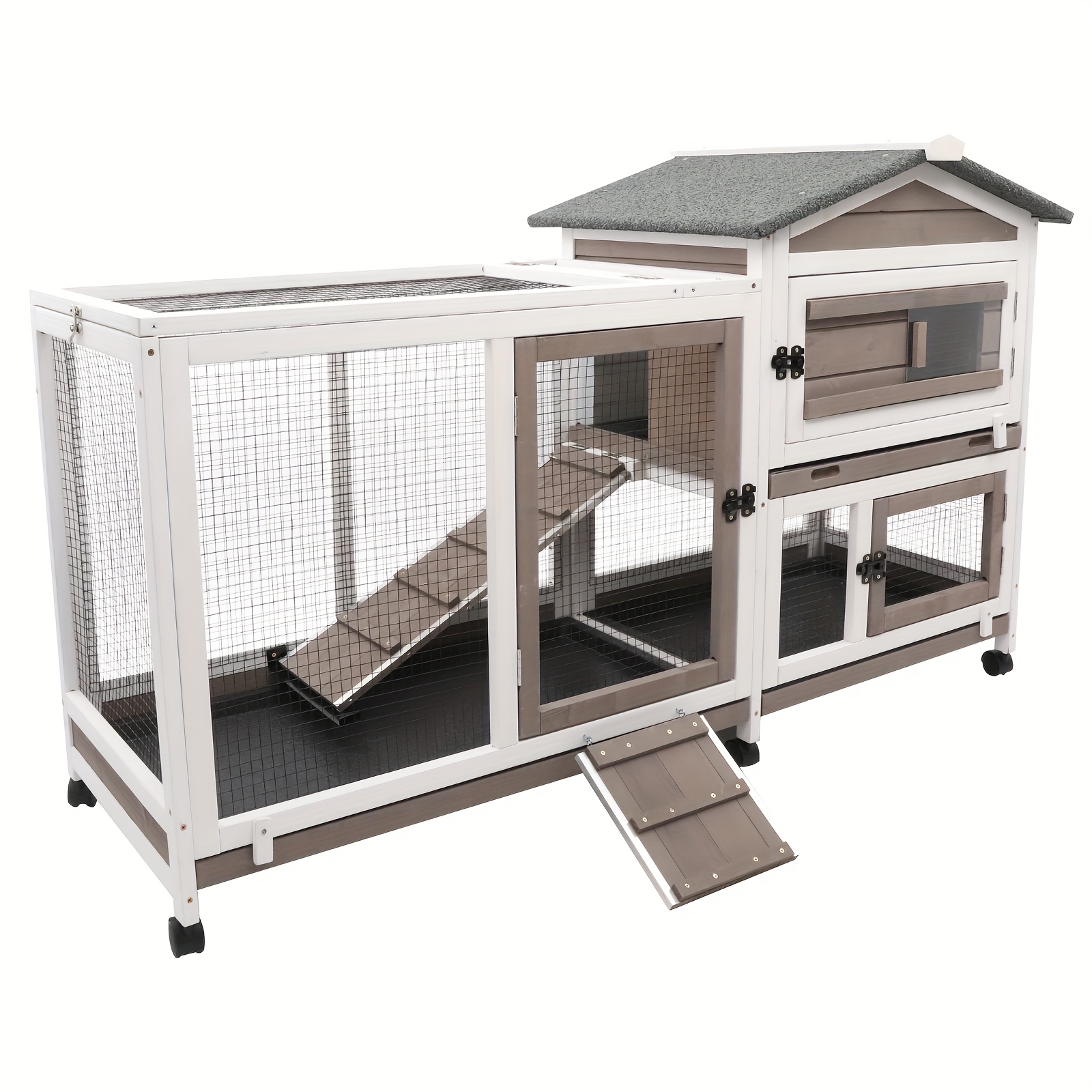 

Petscosset Rabbit Hutch Indoor Outdoor 2 Story Bunny Cage With 3 No Leak Trays, 55.31"l Guinea Pig Cages Rabbit Cage With 6 Wheels For Guinea Pig, Rabbit, Hamster, Chicks(white/grey)