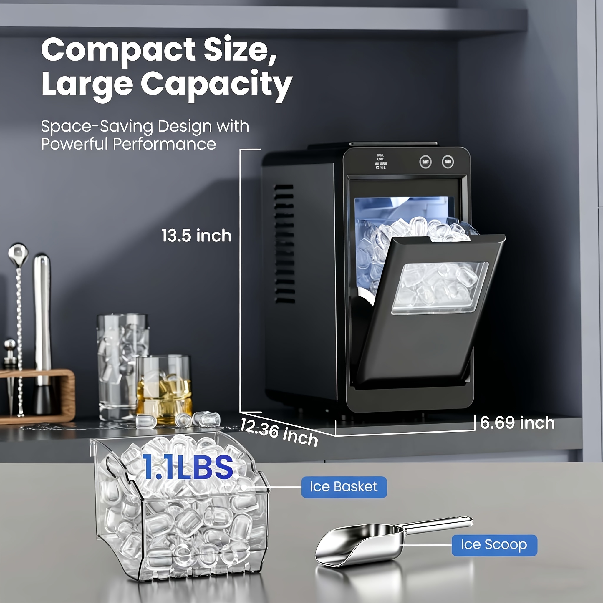 TEMU Ice Maker Countertop, 26lbs/24h Portable Ice Maker Machine With 2 Ice Sizes, Interior Light, Self-cleaning, 8 Cubes In 6 Mins, 0.8l Compact Ice