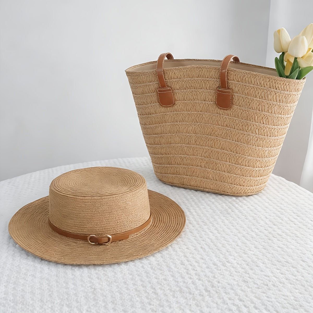 10pc Mesh Beach Tote & Straw Hat Set, Foldable Hat, Rattan Earrings for Travel Straw Hat Carrying Large Tote / Tan - Merrilee main image 3