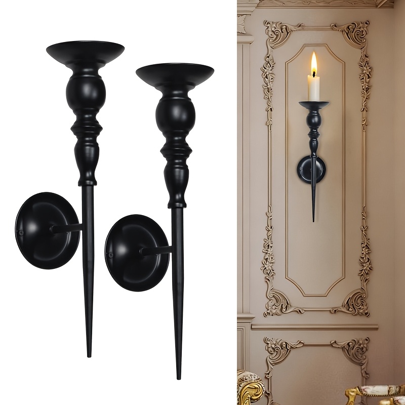 Image of Wall Sconce Candle Holders (set Of 2), Black And Scepter Design Wall Mounted Metal Candle Holders, Hanging Wall Sconces For Living Room, Bathroom, And Dining Room