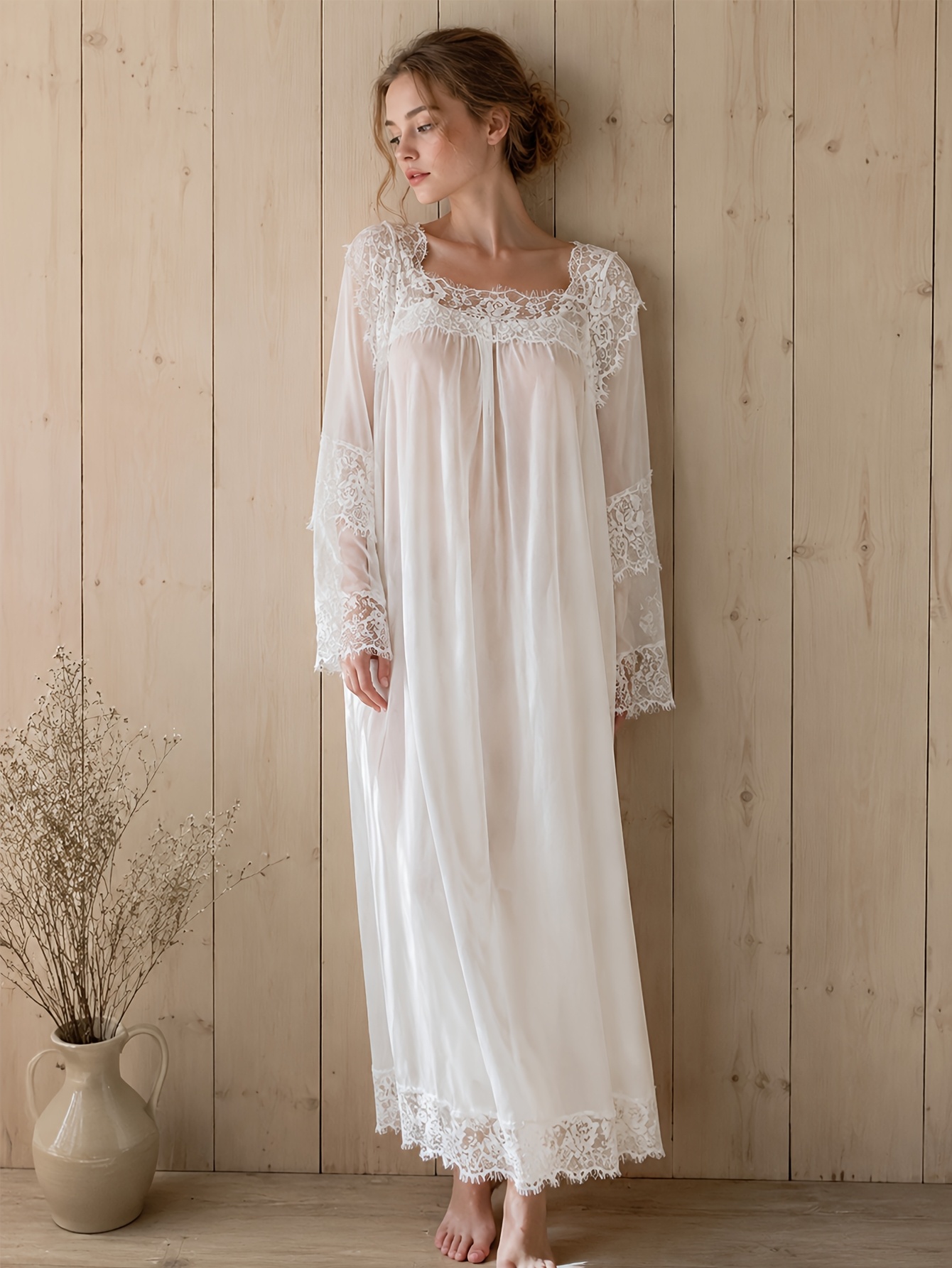 silk v neck dress KissProm A-Line Long Sleeves Satin Wedding Dresses with Neck, Diamond White / 16 SIZE:17/17.5 34/35 Terracotta Green Flounce Sleeve Midi your best CHOICE