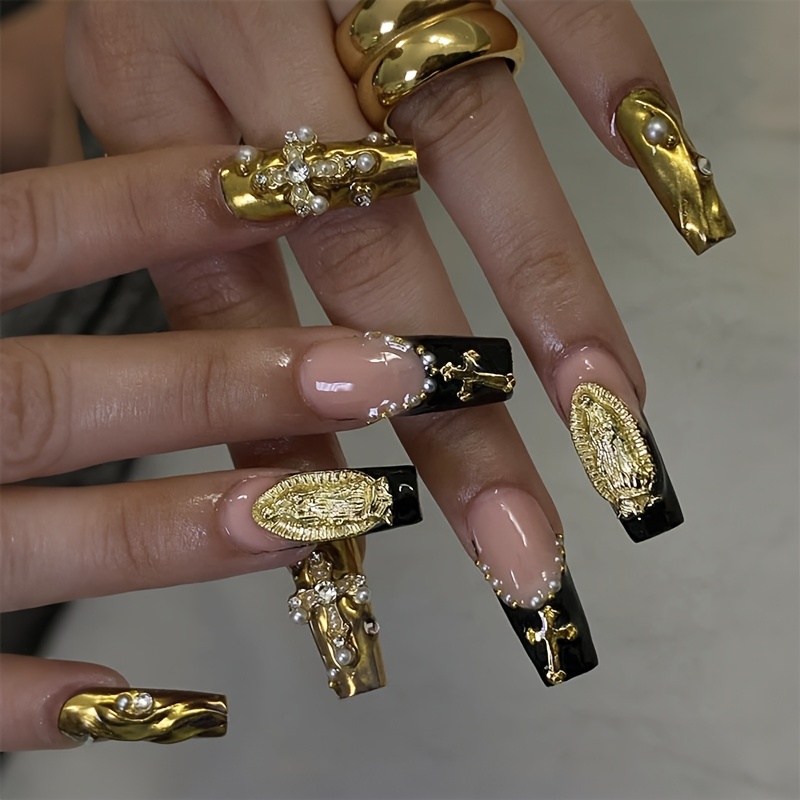 Image of 24pcs Luxury Coffin/square Press On Acrylic Nails Long Xxl/xxxl Surface Tips Nail Reusable Golden Chrome Design With 3d Cross Rhinestone For Woman Daily Wedding Prom Wear