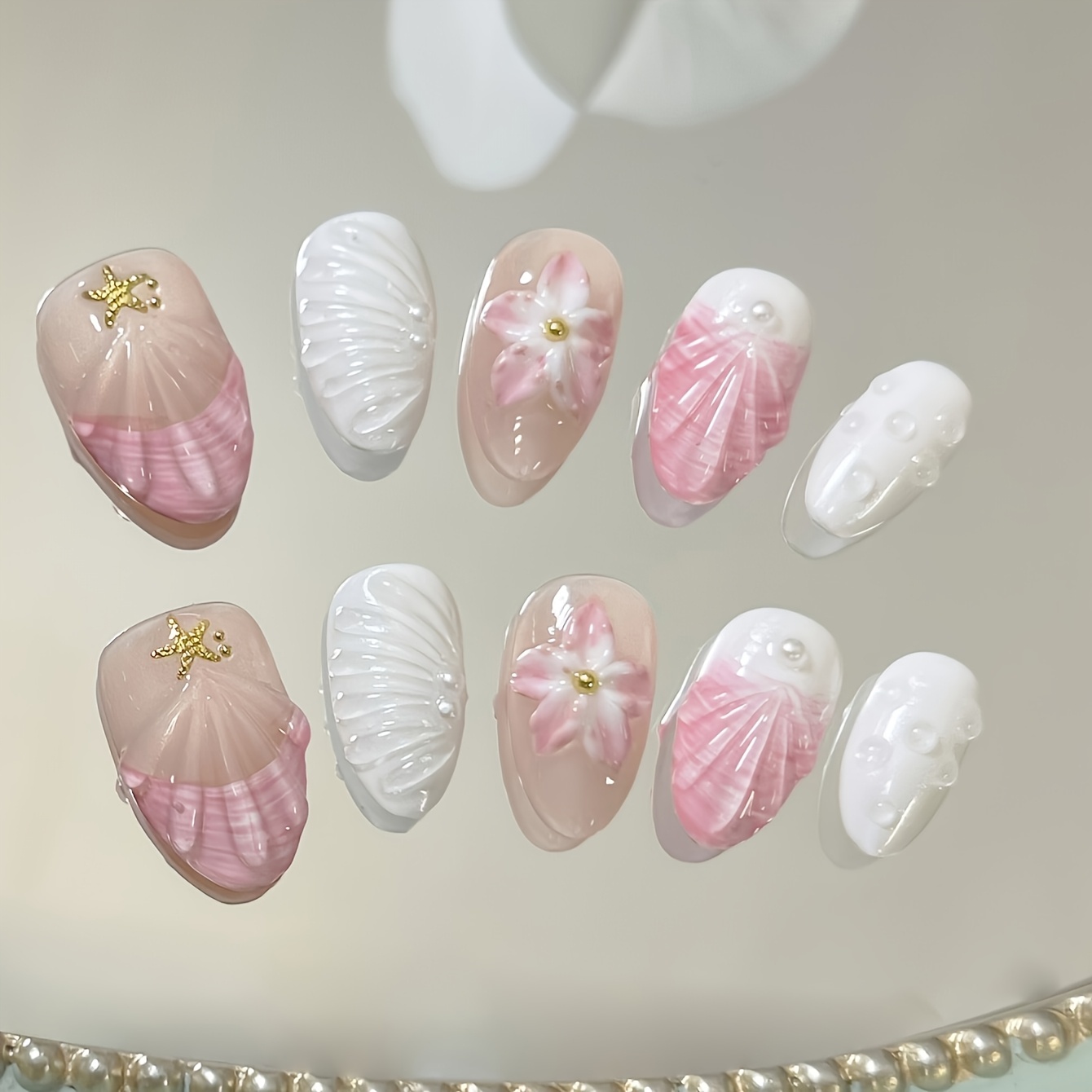 TEMU 10pcs Danartlux Mermaid Tail Press On Nails Suitable For Women, Y2k 3d Shell & Starfish Nail Tips With , Full Cover Reusable Fake Nails, Almond