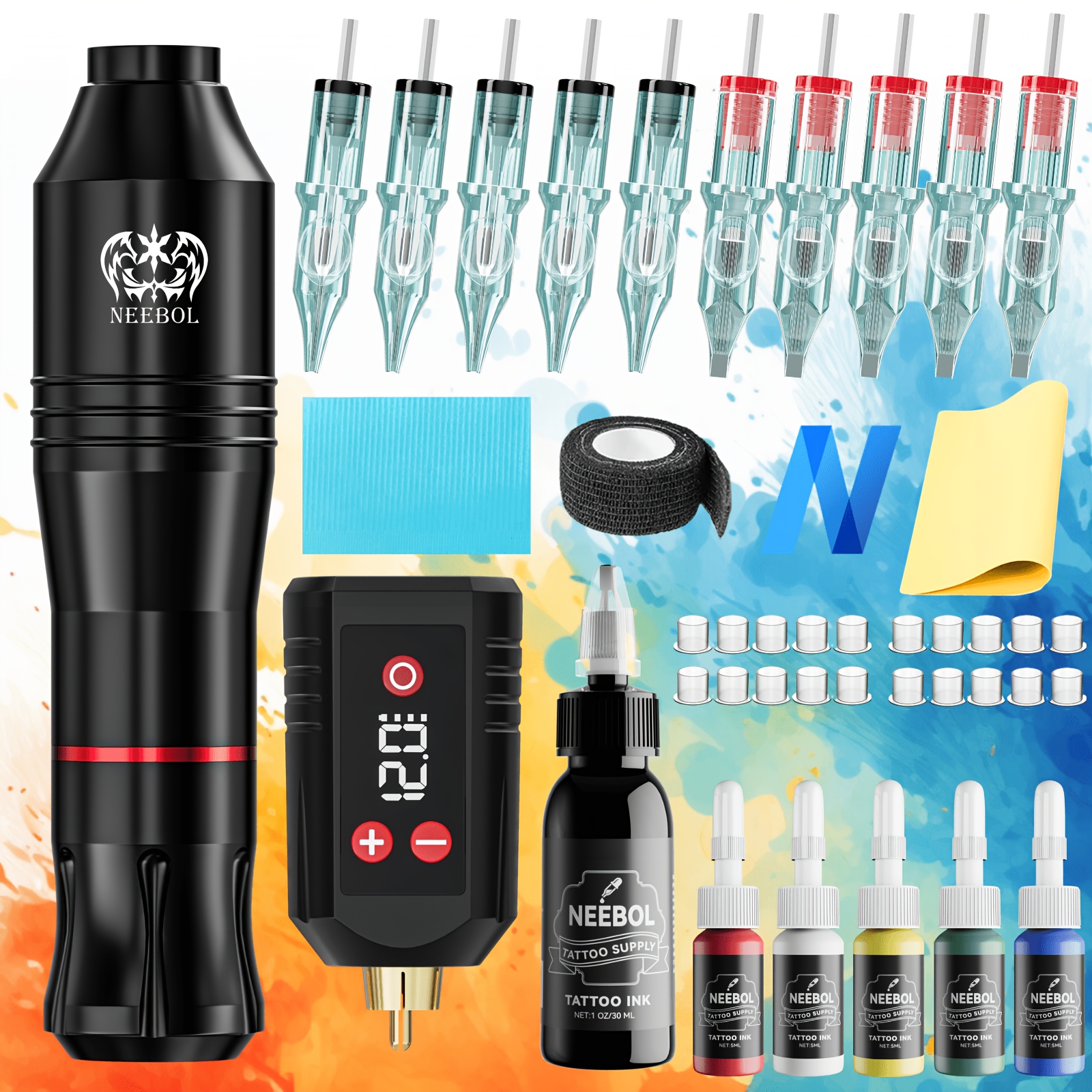 Neebol Wireless Rotary Tattoo Machine Pen Set, With Long-life Battery, 10pcs Tattoo Needles And 6pcs Practice Tattoo Ink For Fake Cordless Tattoo Gun Kit, Portable Body Art Equipment , , Holiday Gift