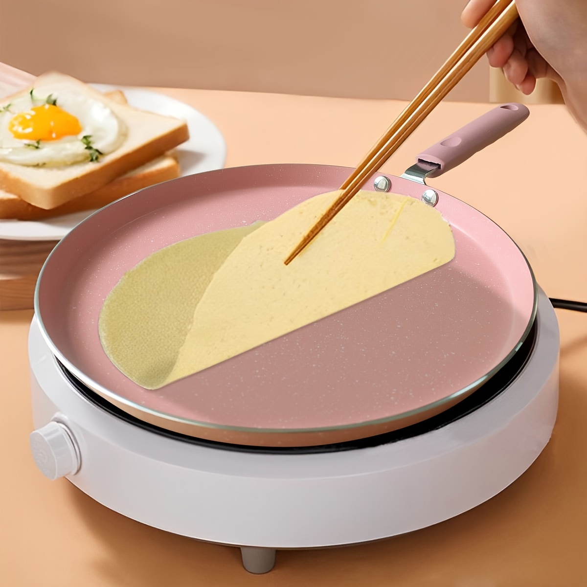 pink mica stone non stick aluminum frying pan with wooden handle dishwasher safe compatible with electric coil stove no electricity needed for pancakes and eggs details 6