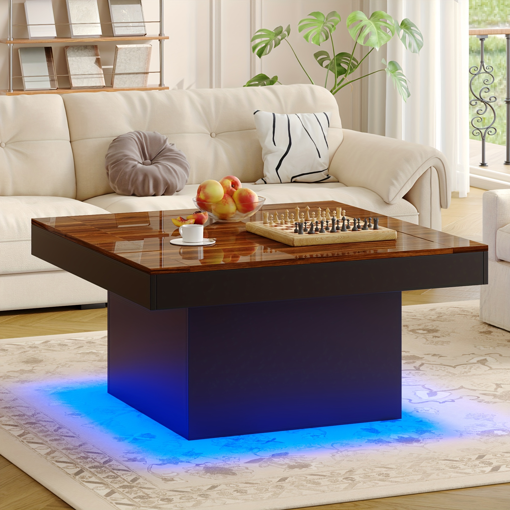 Modern Luxury Low-Profile Square Coffee Table with LED Lights - Space-Saving Faux Marble Top & Engineered Wood Base Suitable for Small Spaces, Compact Living Room Center Table, Assembly, Black/Brown