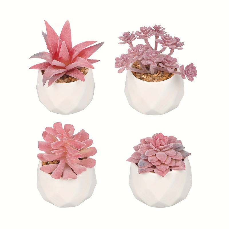 

4-piece Set Of Pink Artificial Succulents In White Ceramic Pots - Perfect For Home & Office Decor, Includes Faux Plants For Desk, Bedroom, Bathroom
