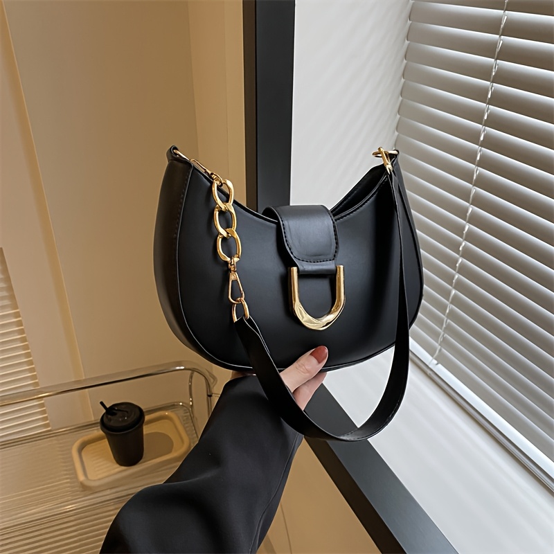 

Elegant Black Crescent Shoulder Bag For Women - Sleek Handbag With Golden-tone Hardware & Adjustable Strap, Use Or Holiday Gift