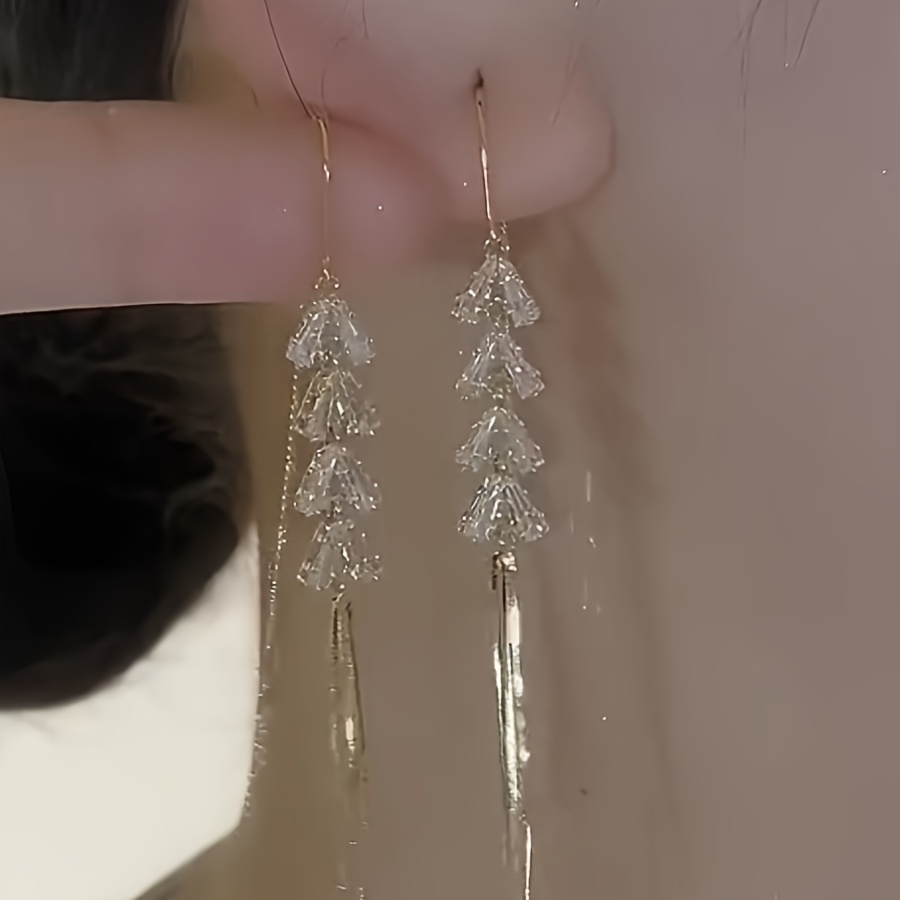 

Elegant Long Tassel Wheat Ear Dangle Earrings With Sparkling Cubic Zirconia - Stainless Steel Posts, Perfect For Casual Attire