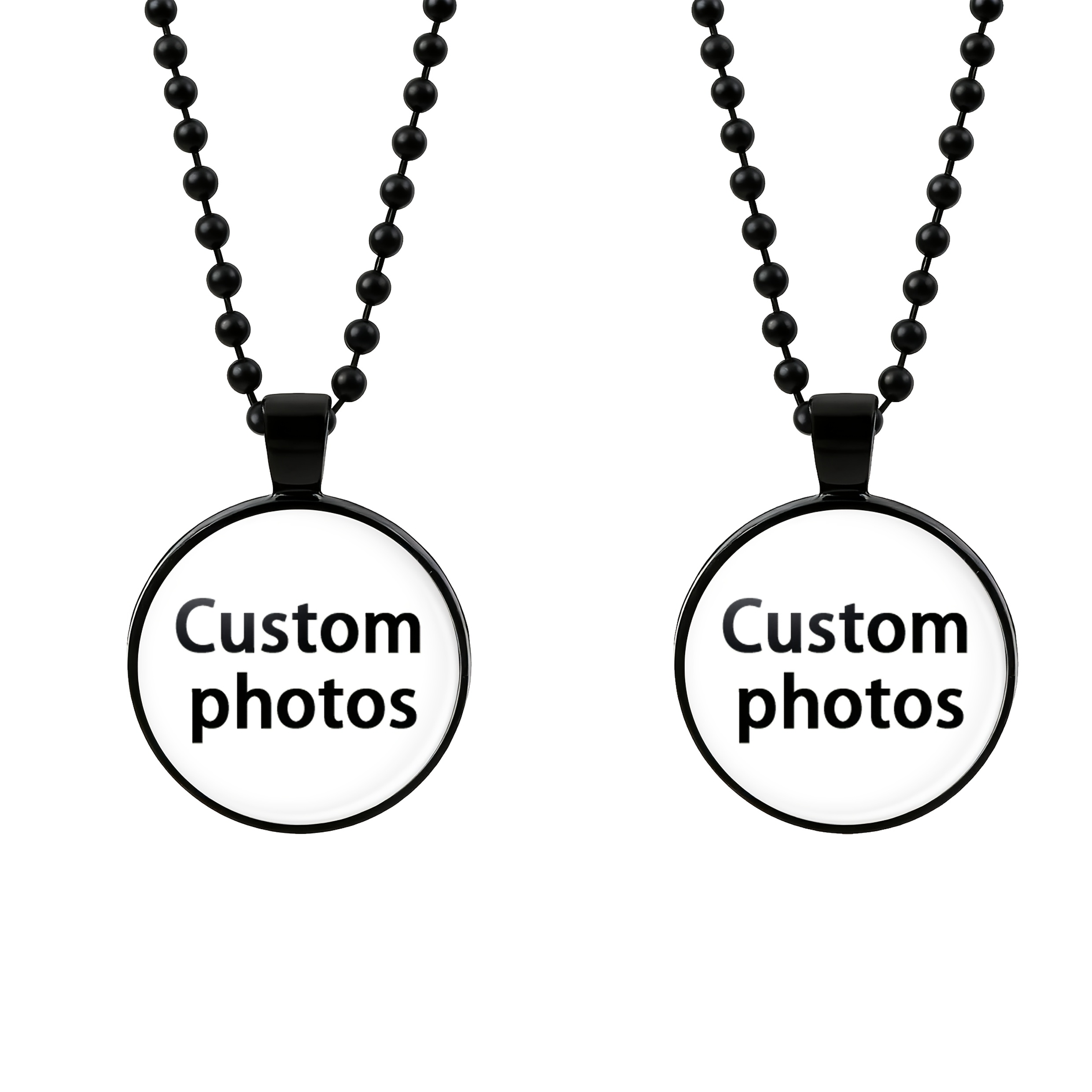 TEMU 2pcs Set Black Round Glass Base Bead Chain Pendant Necklace, Customizable With Any Image, Self- Family, , , Couple Photos, An Perfect Gift For
