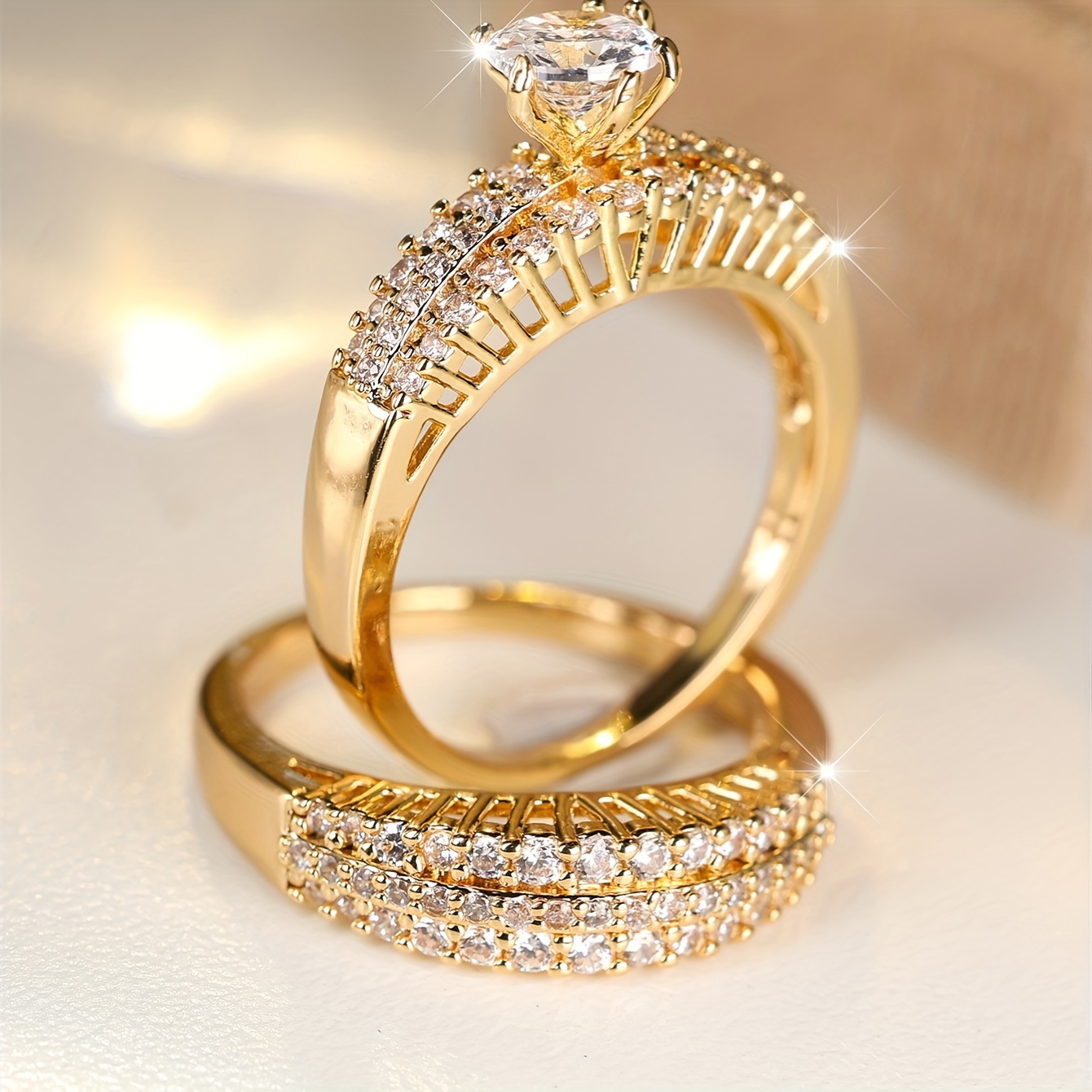 Stacking Rings with Paved Shining Synthetic Zircon