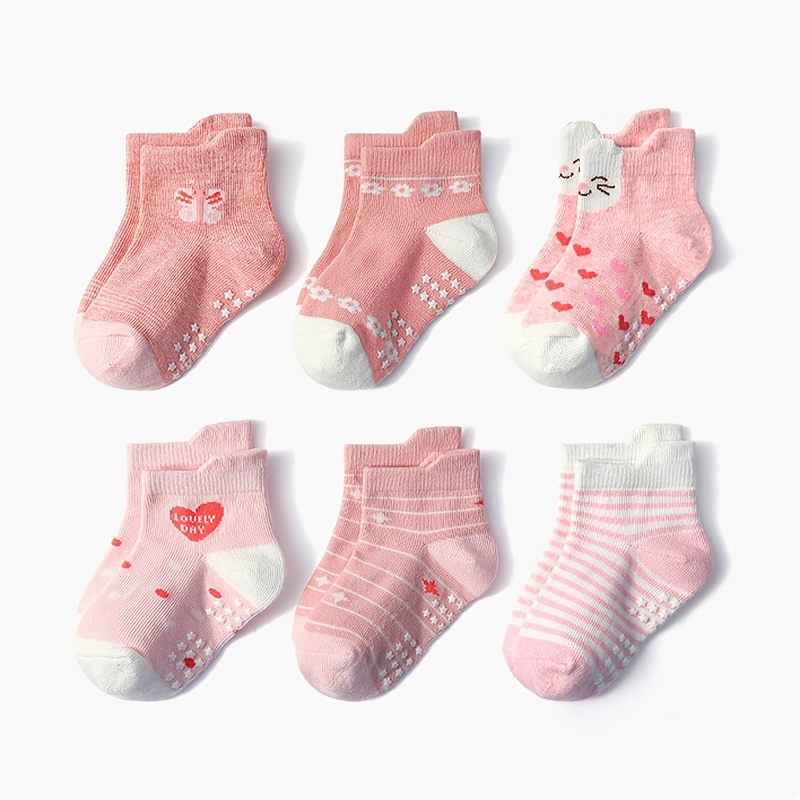TEMU 6 Pairs Girls Socks Cartoon Stripe Pattern Non-slip Floor Socks For Kids Baby Toddler