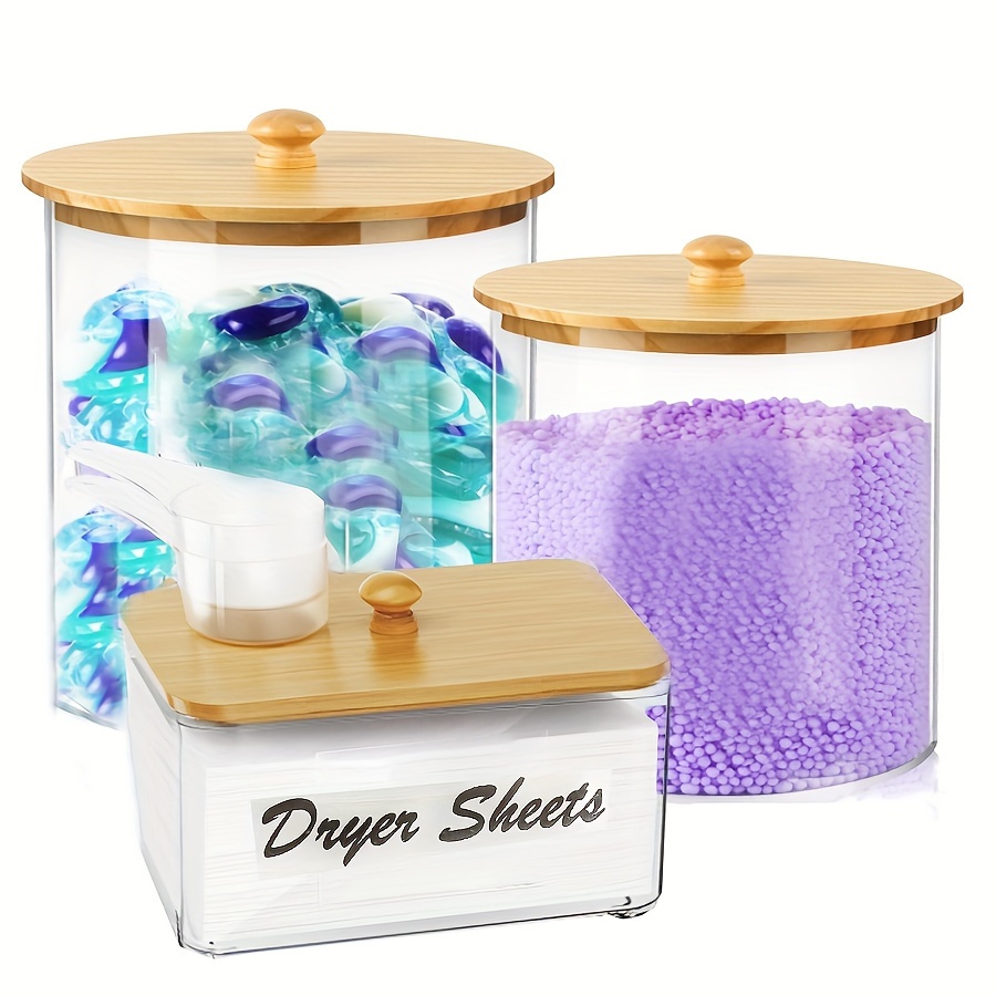 

Bohemian Style Laundry Organizer Set - Large Plastic Storage Jars With , Labels & For Detergent, Powder, And Dryer Sheets, Storage Bins For