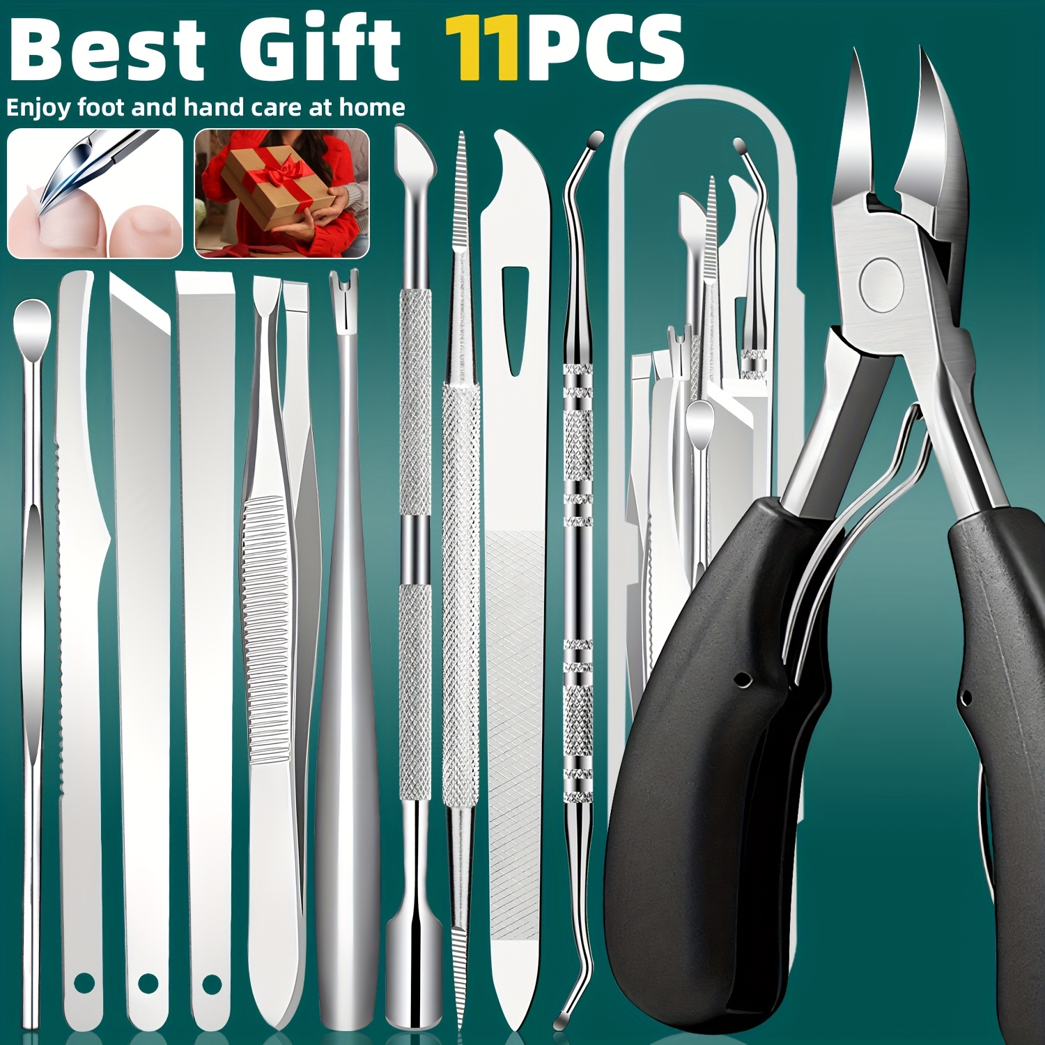 Image of 11pcs Stainless Steel Ingrown Toenail & Cuticle Removal Kit, Nail Clippers, Ideal For 's Manicure And Pedicure Set, Suitable For Toenails, Includes Nail File, Halloween Gift, Duangduangbiu