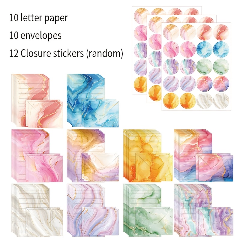 Image of 32pcs, Marble Pattern Envelope Letter Paper Set, Horizontal Letter Paper, Handwritten Couple Stationery, Includes 10 Envelopes + 10 Letter Paper + 12 Sealing Stickers (random Style)