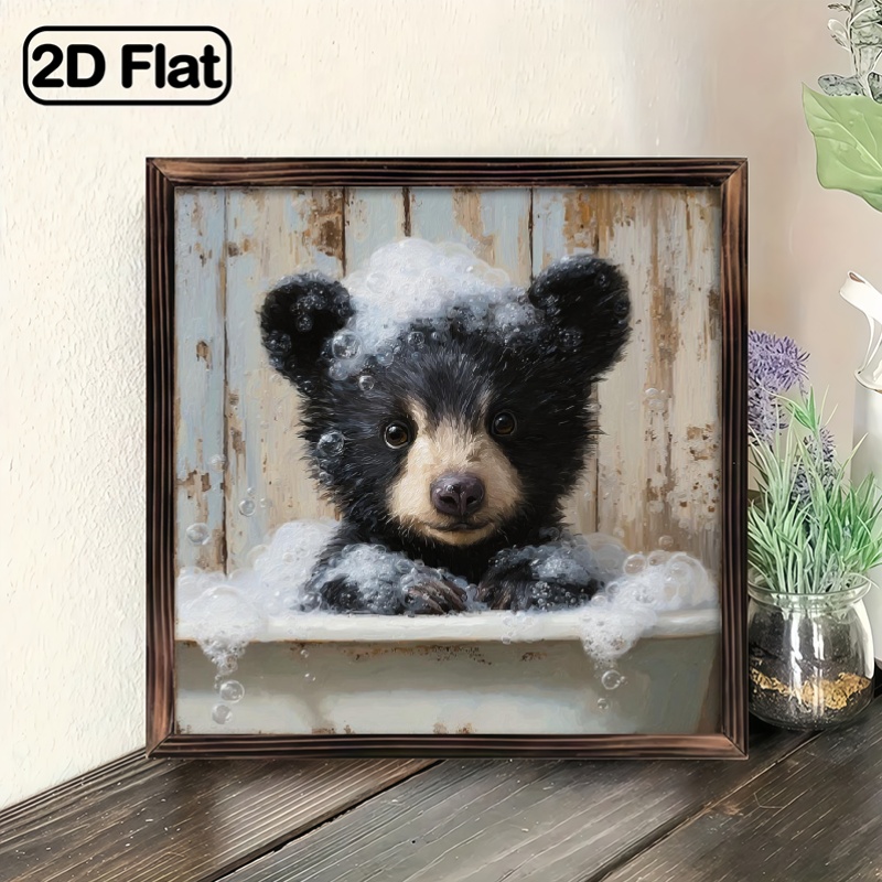 TEMU 2d Flat, 2d Flat 1pc, Rustic Wooden Black Bear Bath Wall Art, 8x8inch Vintage Decorative Sign, Wall Hanging, Suitable For Home, Bedroom, Office,