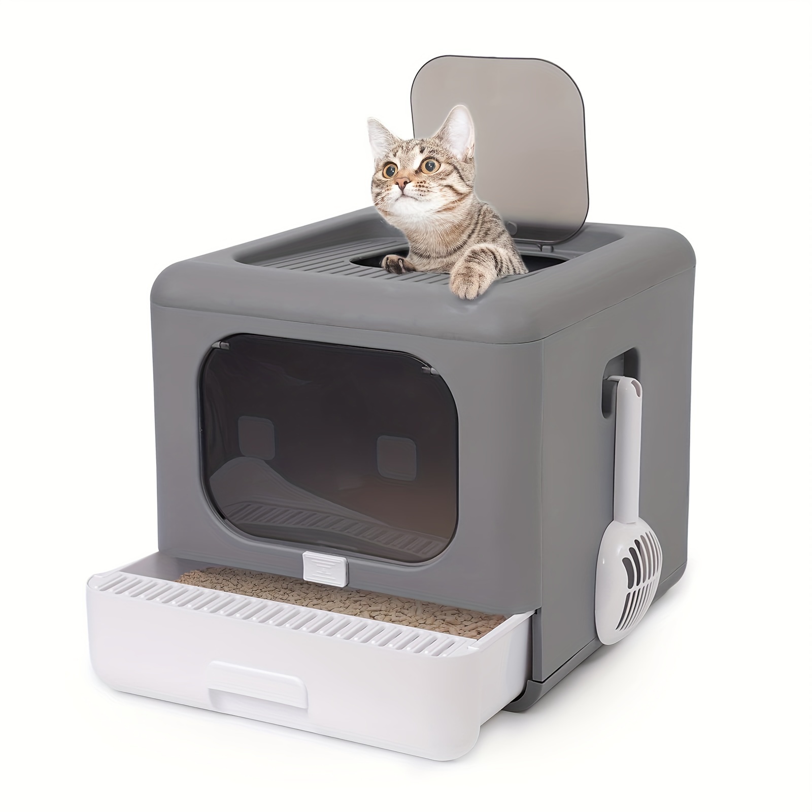 

Foldable Enclosed Cat Litter Box, Cat Potty With Front Door & Top Entry, Pull-out Drawer Type, Cat Toilet With Lid, Easy Cleaning And Anti-splashing Cat Litter Tray With Plastic Scoop (grey)