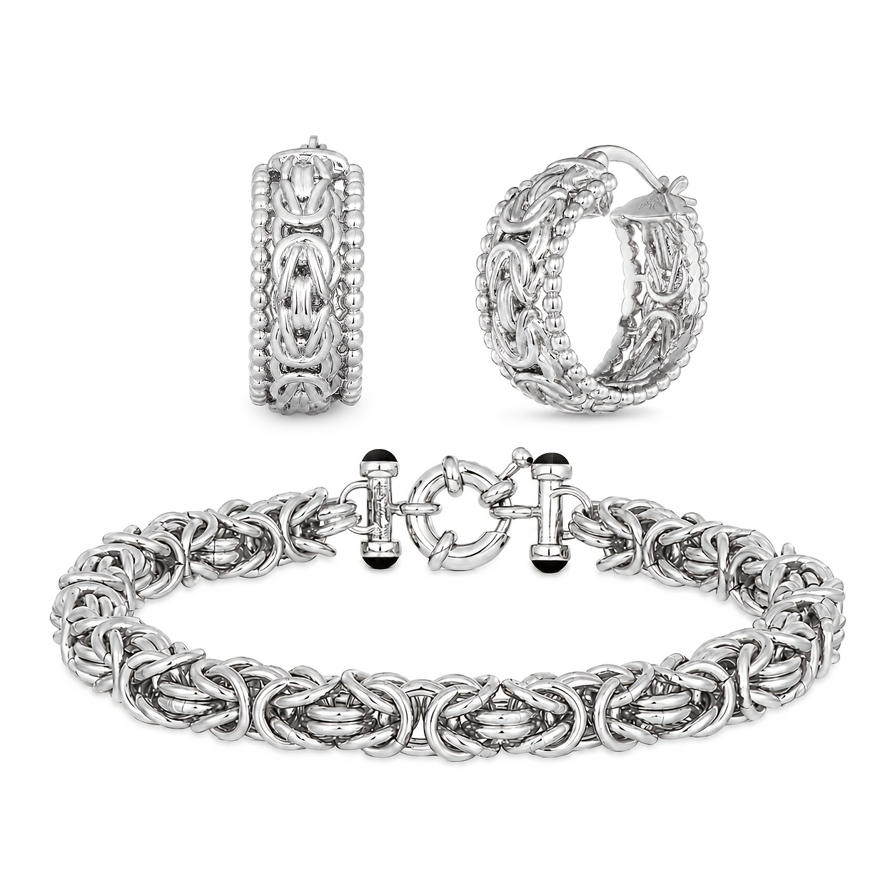 Women's 925 Sterling Silver Heavy Woven Bangle & Hoop Earrings Set