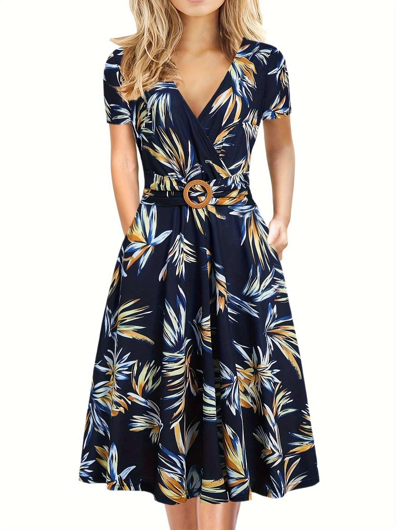 floral print ring linked a line dress elegant surplice neck short sleeve dress for spring summer womens clothing navy blue 0