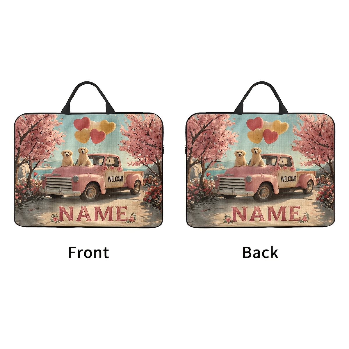 Customized Pink Truck Puppies Themed Laptop Bag with Handle