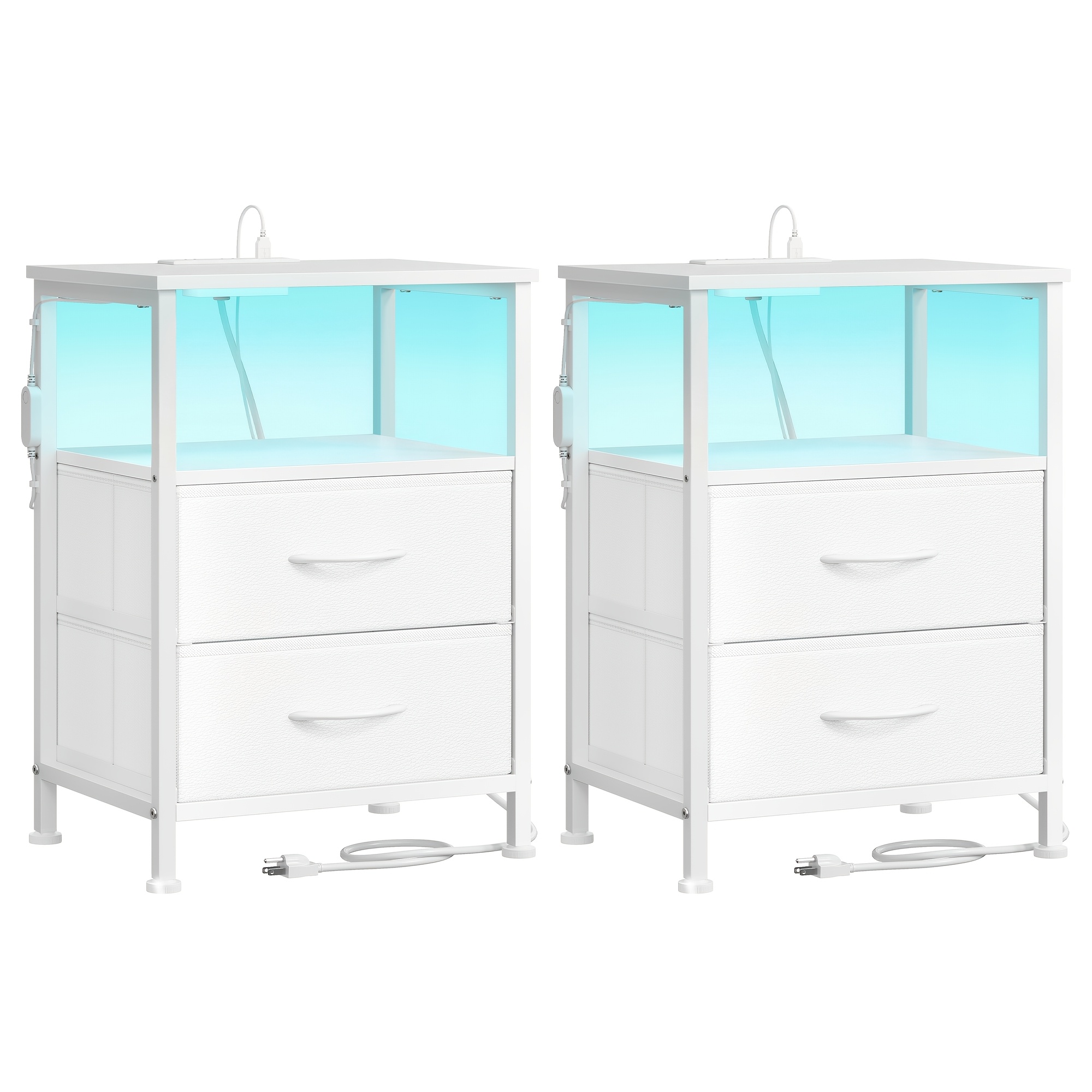 TEMU 2 Pack Bedroom Bedside Table With Led Lights And Charging Station, Nightstand With 2 Drawer And 1 Shelf