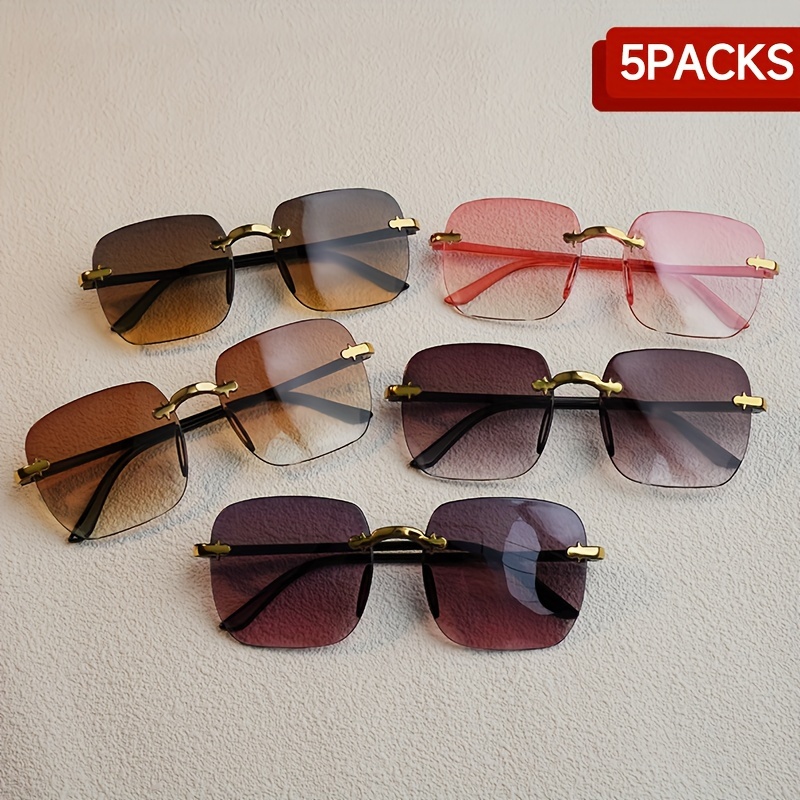 

5pcs Women's Rimless Square Fashion Glasses Set - Fashionable Gradient Lens, Beach Parties & Travel