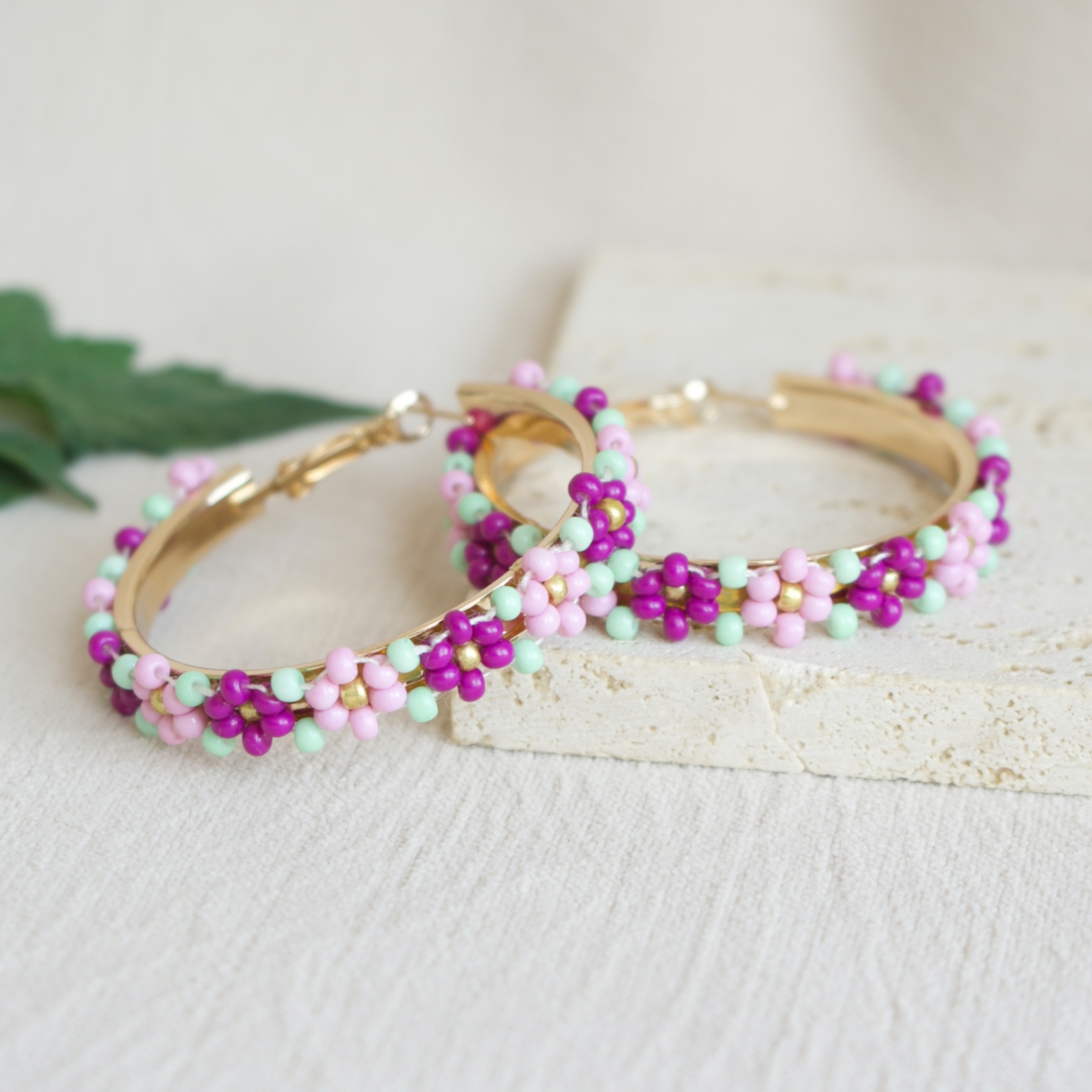 Boho Beaded Hoop Earrings Set, Handwoven Flower Ear Needle