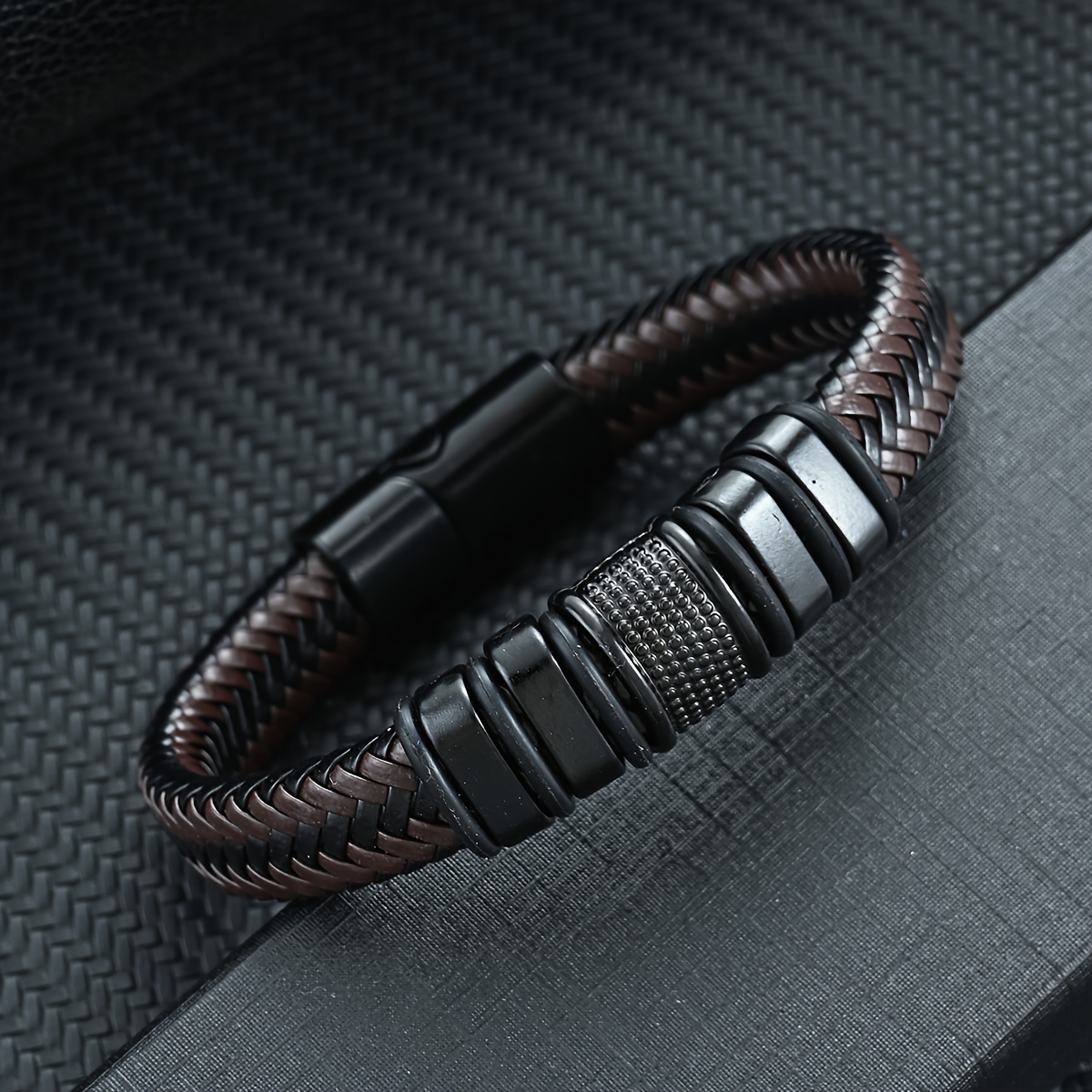 TEMU 1pc Retro Gunmetal Woven Bracelet, Men's Biker Style Contrast Bracelet, Street Trendy Cool Individual Magnetic Clasp Design Accessory