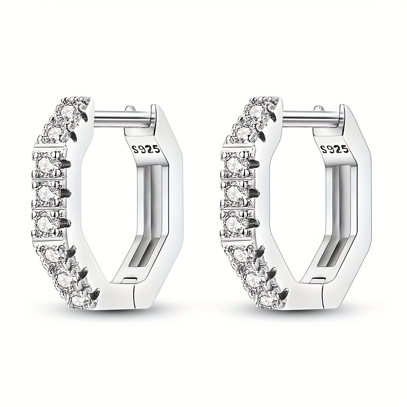 

Elegant 925 Sterling Silvery Hexagonal Hoop Earrings With Sparkling Zirconia - Weddings, Parties & Birthdays