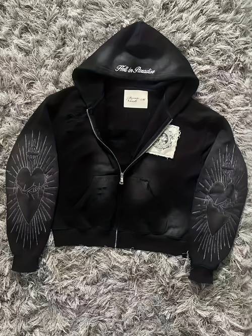 vintage zip up hoodie distressed sweatshirt with patch graphic angel wing embroidery streetwear casual oversized hoodie retro hip hop jacket zip front coat fashion outerwear