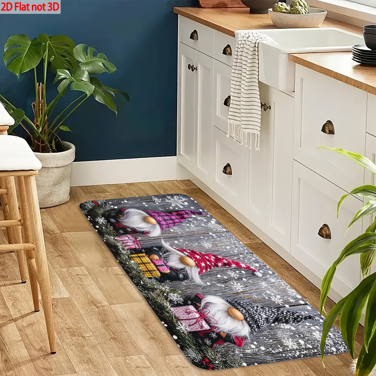 TEMU Tapis de sol de cuisine plat 2D, 1 pièce, épais 1,1 cm, motif gnomes de Noël de neige imprimé, épaissi et à l', convient pour , , le porche, et