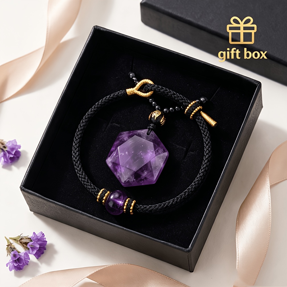 TEMU 2pcs Natural Amethyst 3cm Large Pendant Necklace And Pure Handmade Bead Bracelet Set, Amethyst , Deep Purple Tone With Atmosphere. Black Rope
