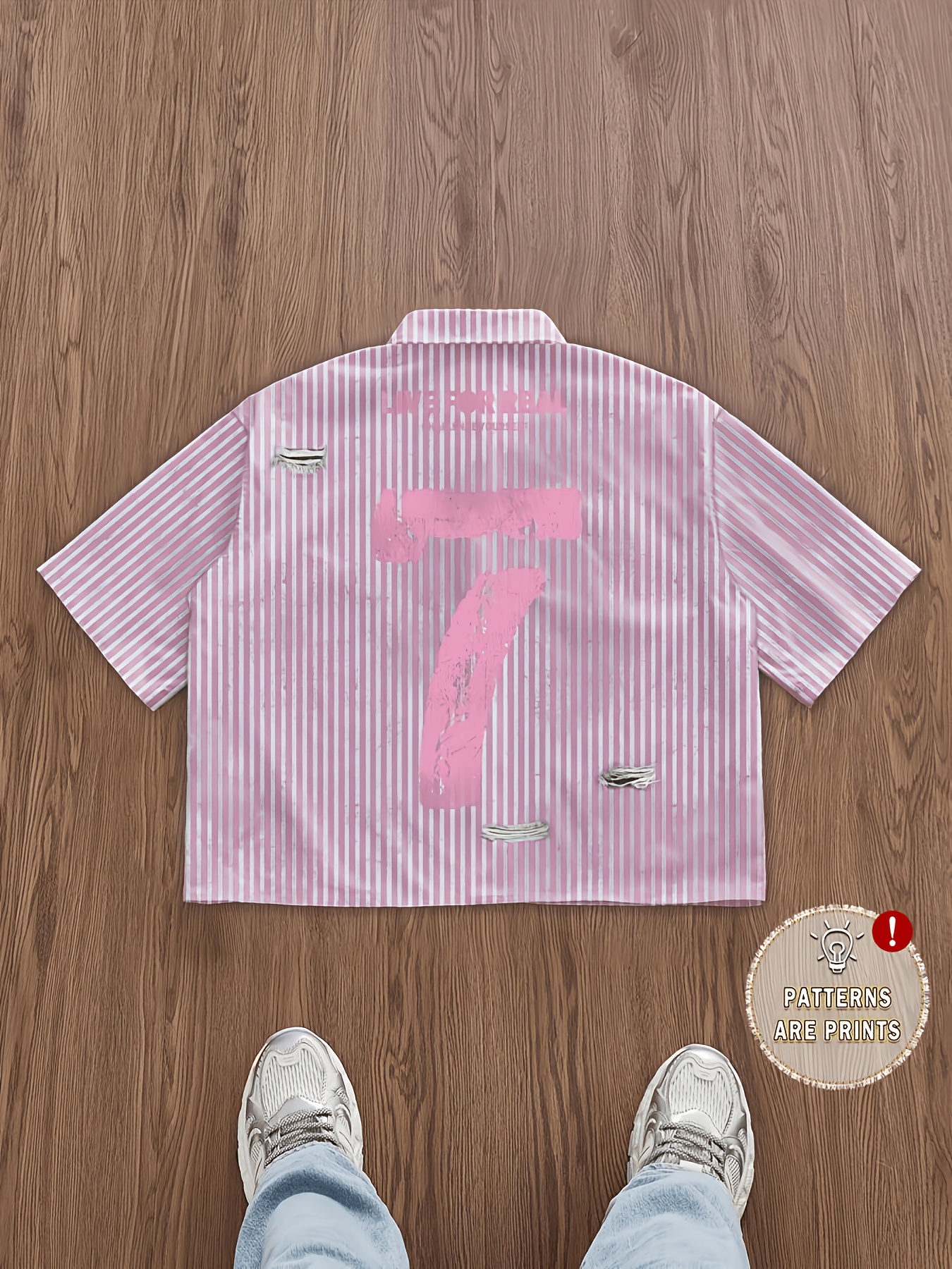 mens streetwear distressed stripe cropped shirt oversized   graphic print lapel top
