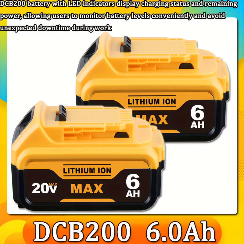 2pack Dcb200 Del1810 6000mah 18v (20vmax) Lithium Ion, Replacement For Dew 18v 20v Dcb204 Dcb206 Dcb203 Dcb200 Dcb201 Dcb181 Compatible With For 18v 20v Tools