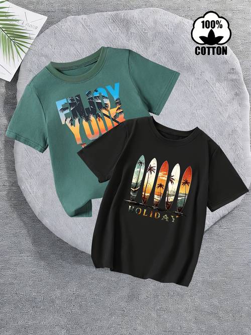 item picture 2pcs boys summer short sleeve fnjoy surfing skateboarding cartoon print cotton t shirt