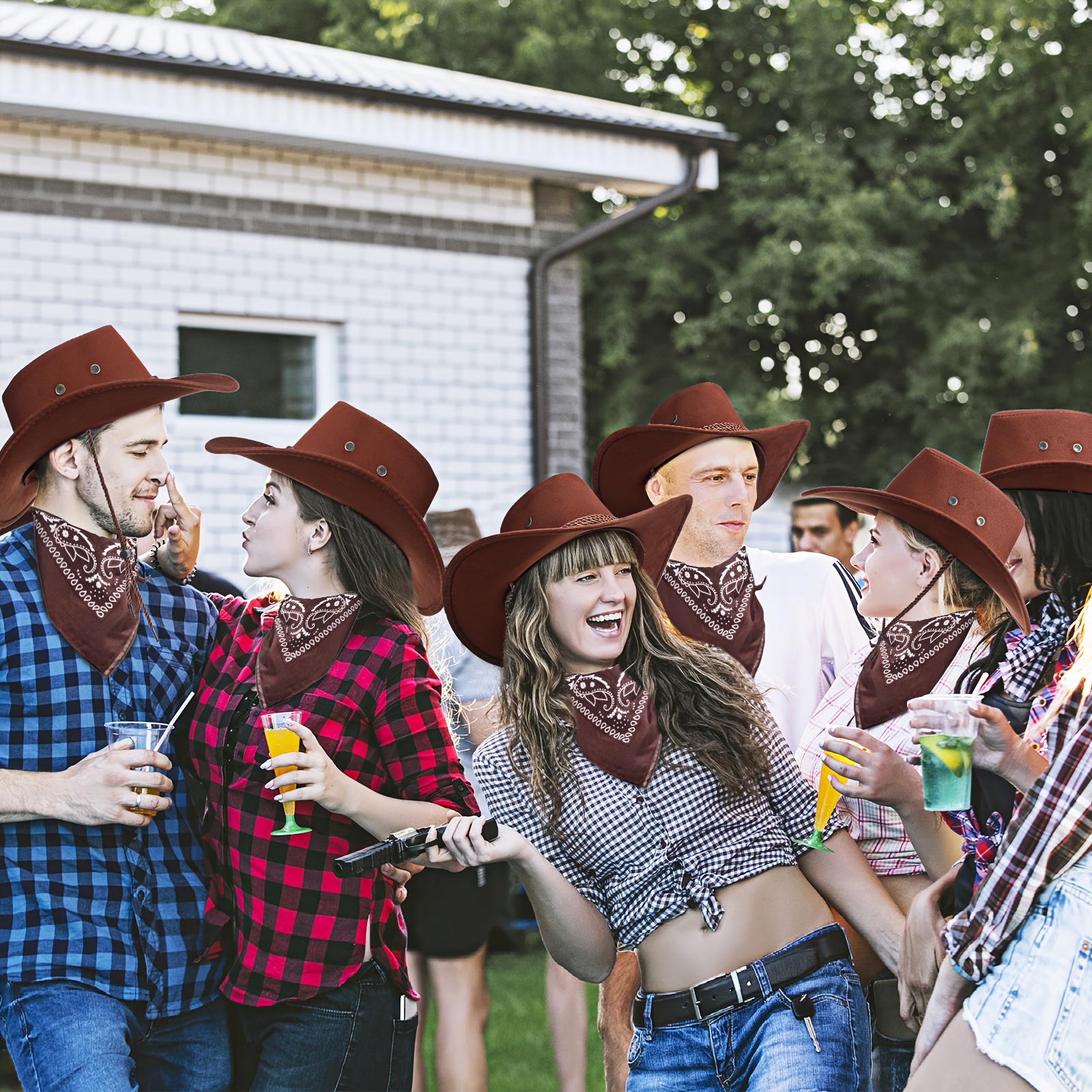 12 Pieces Cowboy Hat with Cowboy Bandana for Western Costume Dress  Accessory Wedding Stage Performance for Men Women (*)